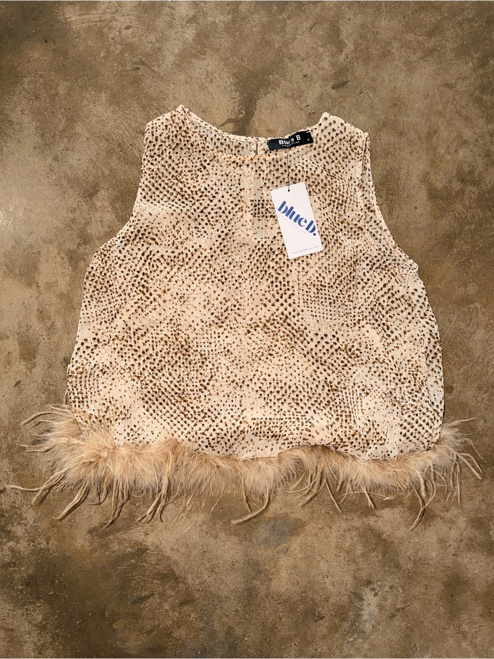 Blue B Feather Trim Speckled Sheer Crop Top NWT Small Statement Piece - Picture 1 of 7